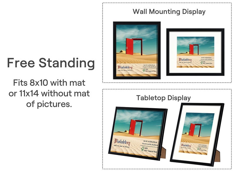 VIOLABBEY 11x14 Picture Frames Black Set of 4, Fits 8x10 Pictures with Mat or 11x14 Photos without Mat, Photo Frame with Real Glass, Vertical or Horizontal for Wall and Tabletop Display - Image 2